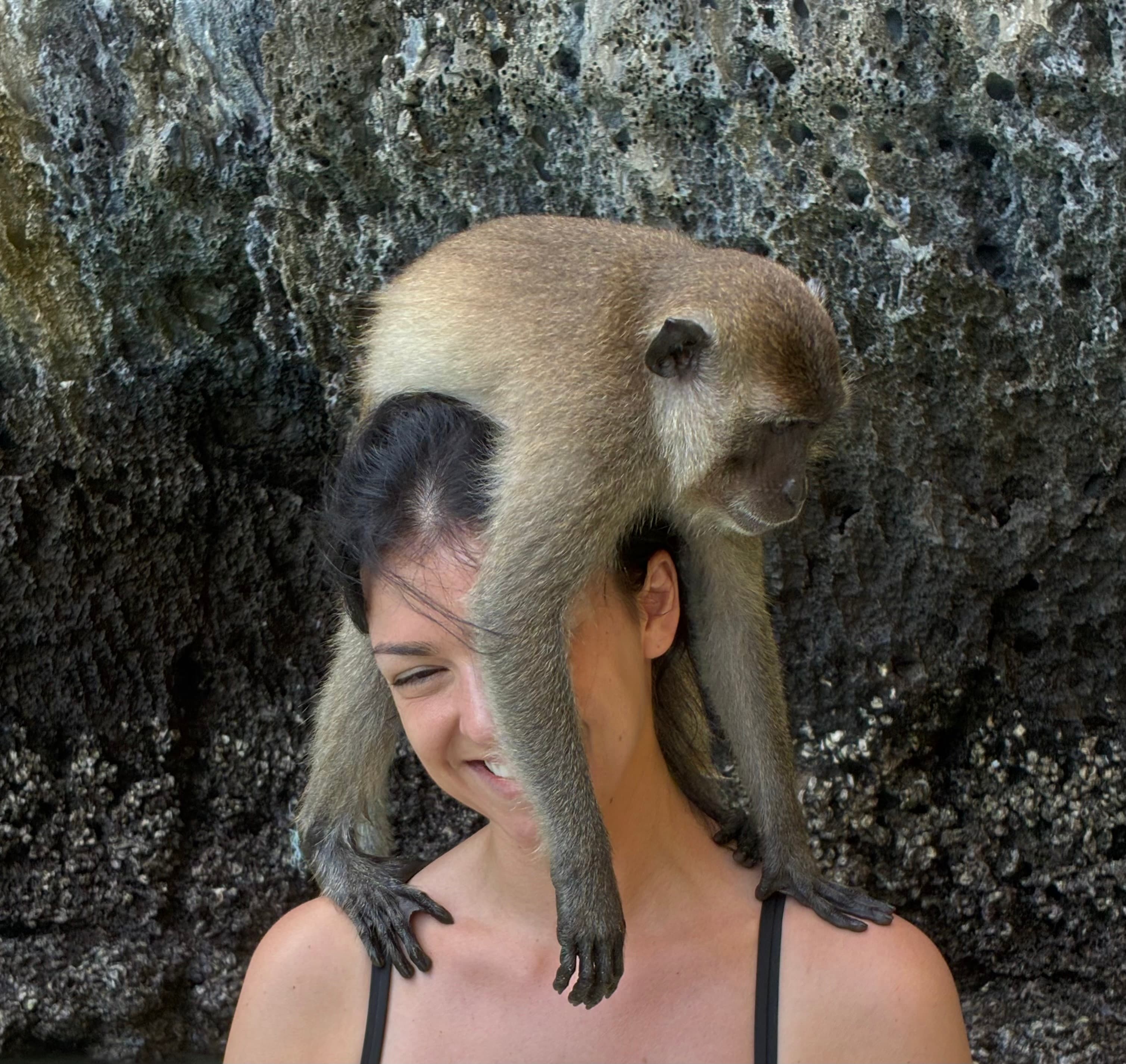 Smiling woman with a macaque monkey perched on her head and shoulders against rocks.